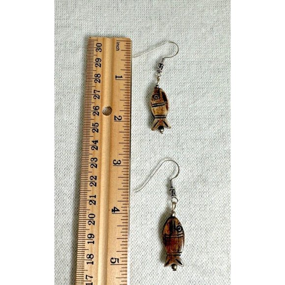 Carved Fish Dangle Earrings - Sterling Ear Hooks - 2 1/4" - Picture 4 of 6